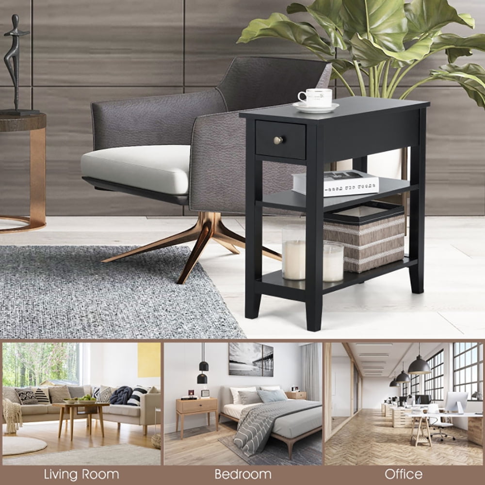 Finihen End Side Table, Rectangular Nightstand, 3-Tier Nightstand Bedside Table Sofa Side with Double Shelves Drawer, for Living Room, Bedroom, Black Finihen End Side Table, Rectangular Nightstand, 3-Tier Nightstand Bedside Table Sofa Side with Double Shelves Drawer, for Living Room, Bedroom, Black