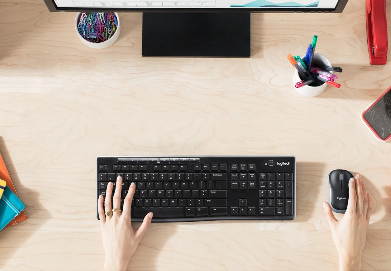 Logitech MK270 Wireless Keyboard & Mouse Combo Active Lifestyle Travel Home Office Must-Have Modern Bundle with Mini Glow in the Dark Portable Wireless Bluetooth Speaker, Gel Wrist & Mouse Pad