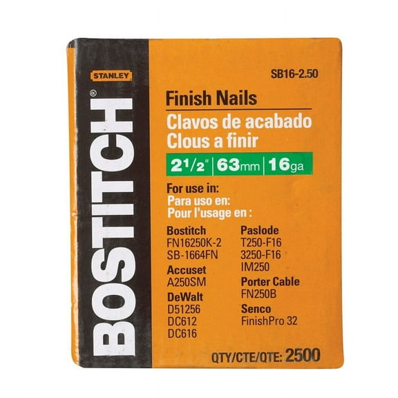 Bostitch 2-1/2" 16 Ga. Straight Strip Finish Nails Smooth Shank 2500 pk