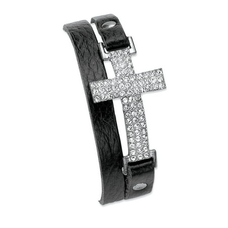 - Crystal Accent Double-Wrap Leather Cross Bracelet in Silvertone 8