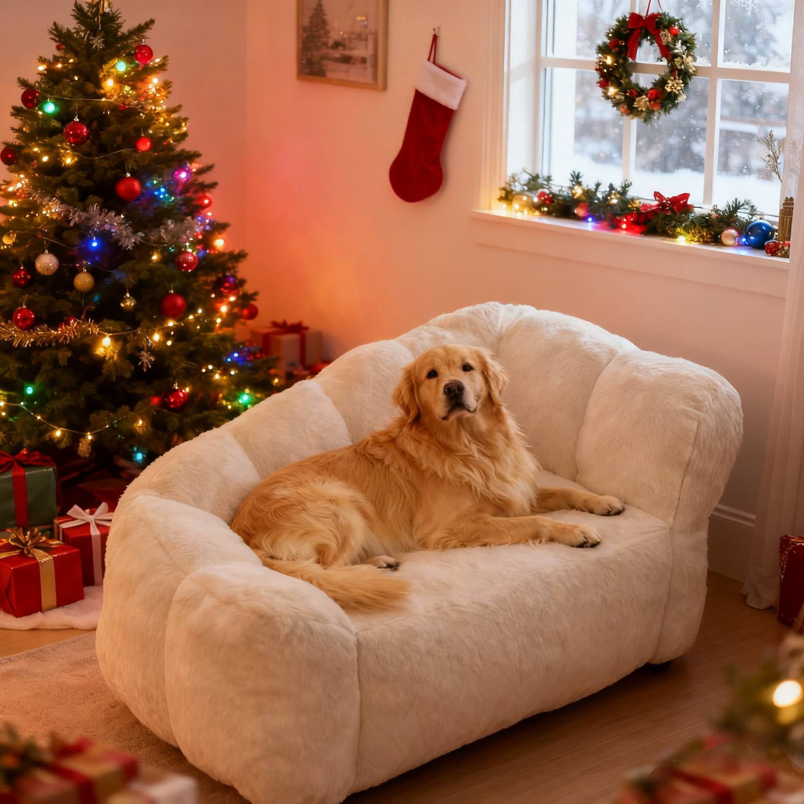 Dog Sofa Couch Bed for Large Dogs, 51" Pet Sofa with Faux Fur Fabric, Comfortable Pet Couch with Backrest and Armrests Beige