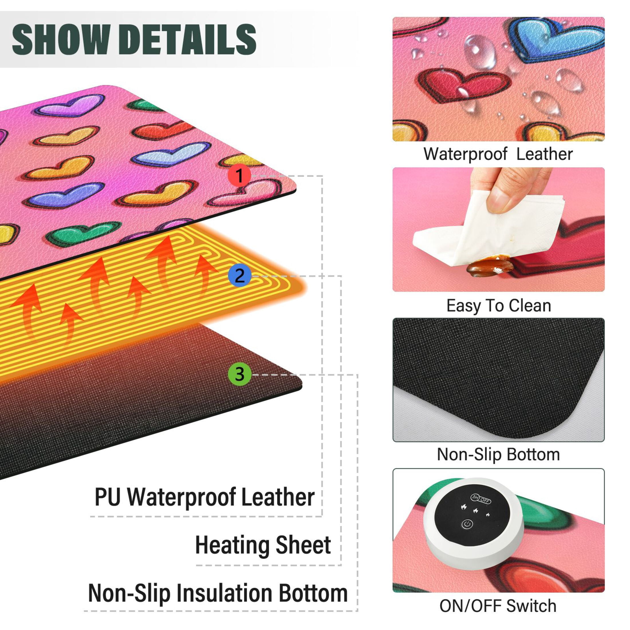 Large Heated Desk Mat Mouse Pad 31.5"x13"PU Leather Graphene Heating Desk Warmer with 3 Temperature Settings 110V US Plug Non-Slip Warm Pad for Home, Office, and Gaming Rainbow Heart Seamless Print