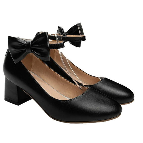 Masteelf 1 Pair Chunky Mid-heel Shoes Stylish Bowknot Female Shoes Shallow Mouth Single Shoes Elegant Buckle Strap Shoes for Women Lady (Black Size 39 7.5US,5UK, 38.5EU,9.6285Inch)