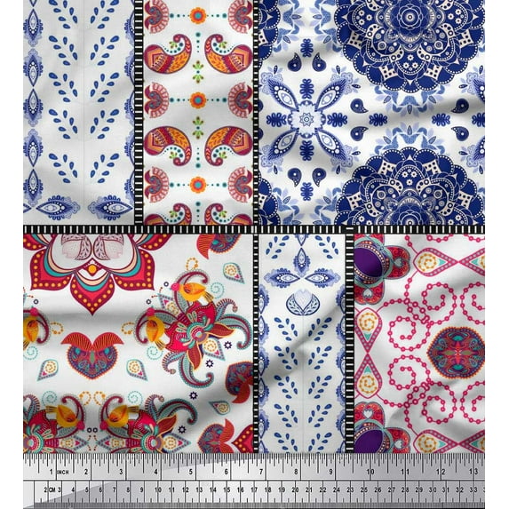 Soimoi Polyester Crepe Fabric Mandala & Paisley Patchwork Print Fabric by The Yard 52 Inch Wide