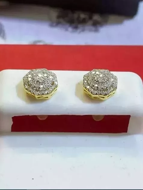 1Ct Round Cut Lab Created Diamond Men's Cluster Stud Earrings Yellow Gold Plated