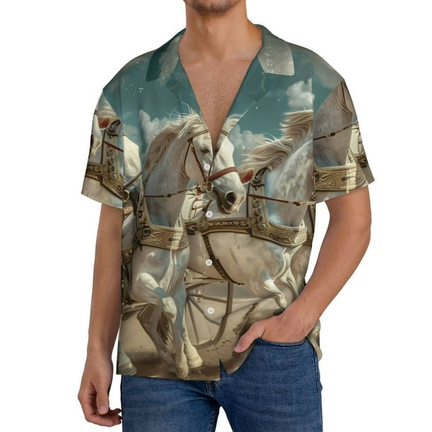 Fotbe Roman Chariot Horse Race Camisa Estampada de Manga Corta para Hombre, Casual de Verano, Estilo Playero, Sin Arrugas-XX-Large