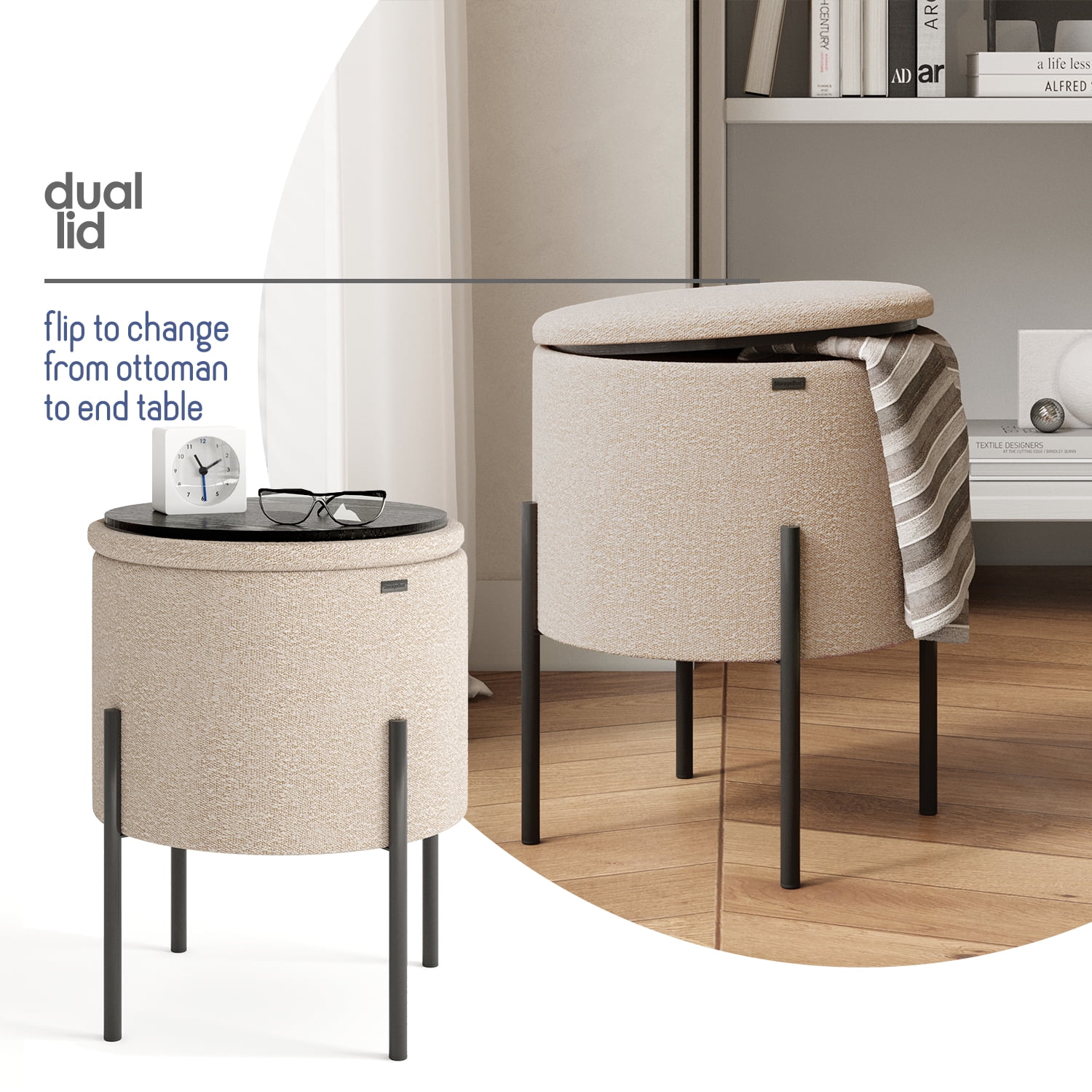 LammaLoe Small Round Ottoman with Storage, Boucle Ottoman Foot Stool with Lid, Upholstered Vanity Stool for Living Room & Bedroom, Beige