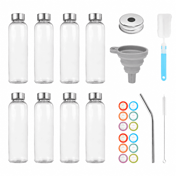 8Pcs Glass Bottles With Lid, 18oz Clear Juice Bottles, Leakproof & Reusable Glass Bottle With Stainless Steel Cap-For Juice, Beverage, Refrigerator, Travel Use