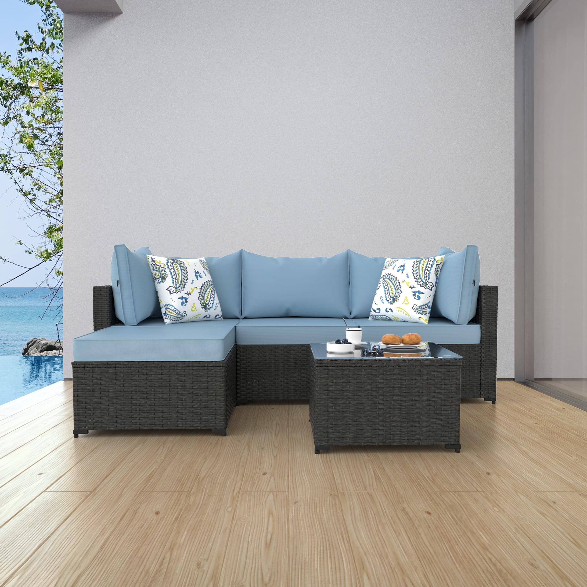 Phonjoroo 5PCS Patio Furniture Sets All Weather Outdoor Sectional Sofa Manual Weaving Wicker Rattan Outdoor Conversation Set with With Cushion And Glass Table, Light Blue