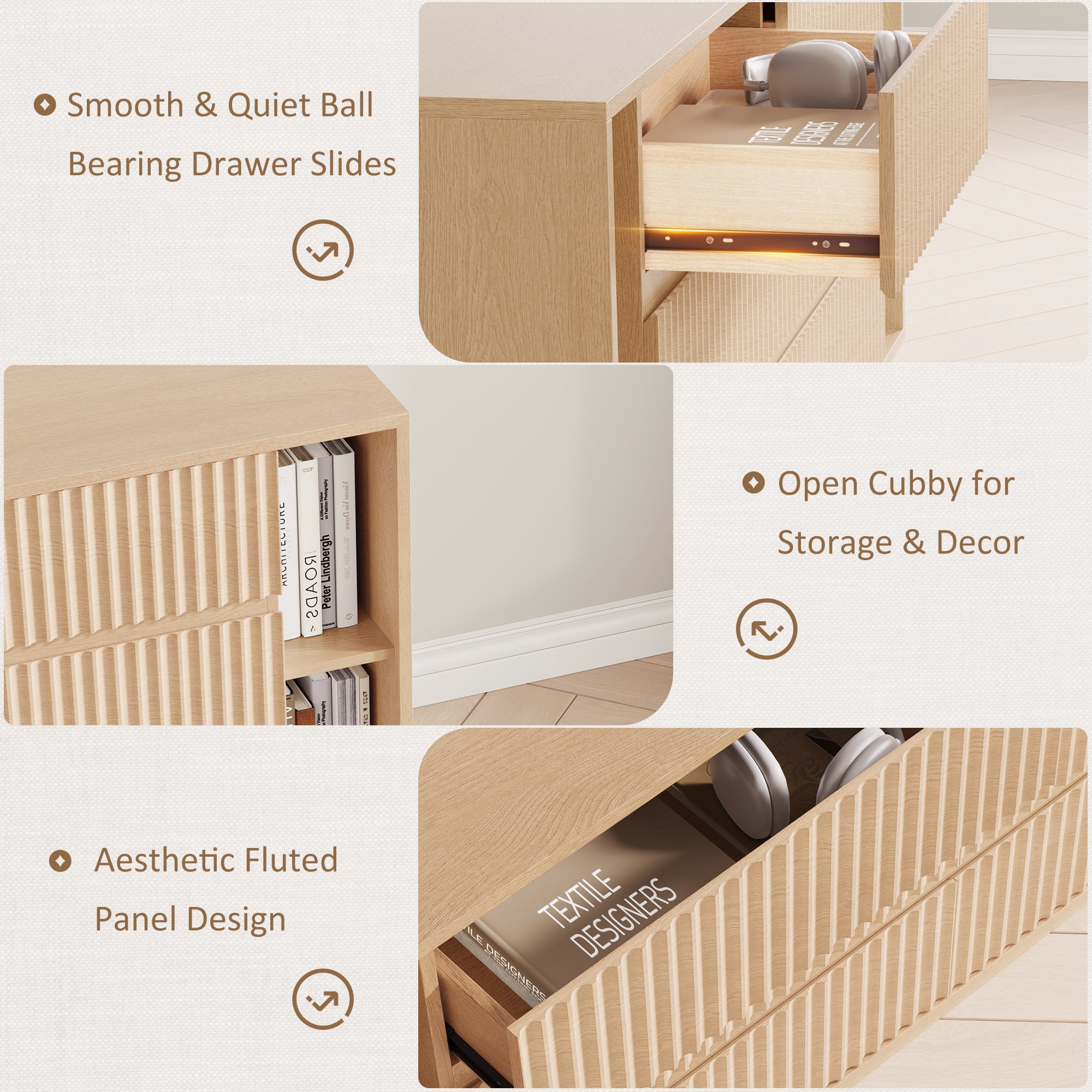 Fluted 6 Drawer Dresser with Shelves, 63'' Wide Bedroom Chest of Drawers, Natural Oak