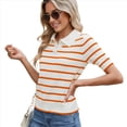 thumbnail image 3 of de Punto A Rayas de Corta para Mujer, Camiseta Corta con Cuello en V y Corte Entallado. Naranja Rojo XL, 3 of 9