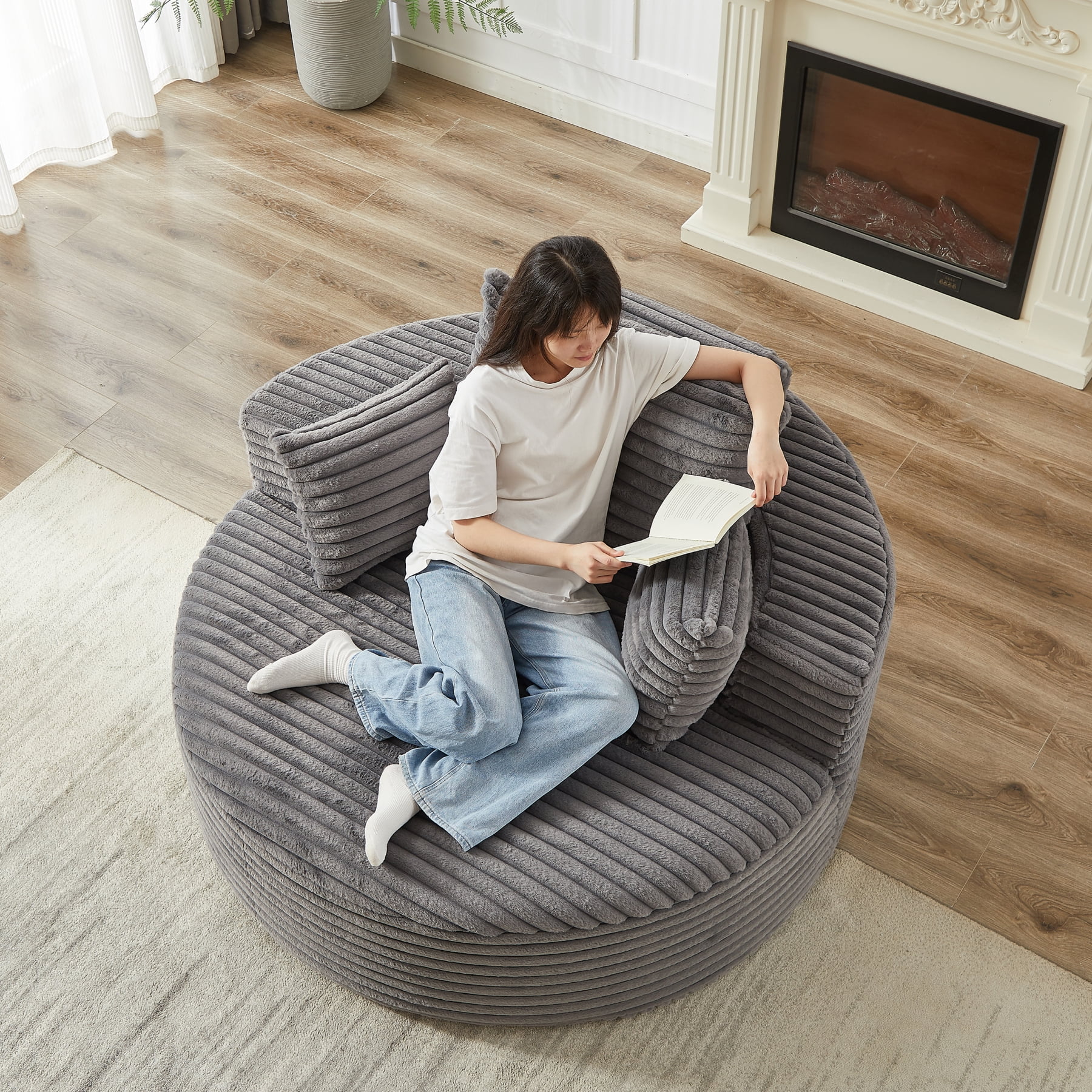 Leumius 55'' Oversized Round Chaise Longue Chair,Upholstered Corduroy Single Cloud Circle Sofa Chair with Deep Seat,Fluffy Modern Sleeper Sofa Bed for Reading,Living Room,Bedroom,