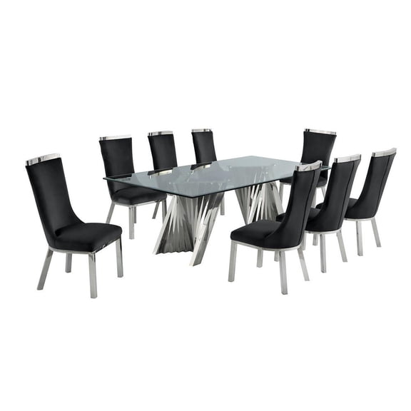 Clear Glass 9pc Dining Set with Silver Stainless Steel and 8 Chairs