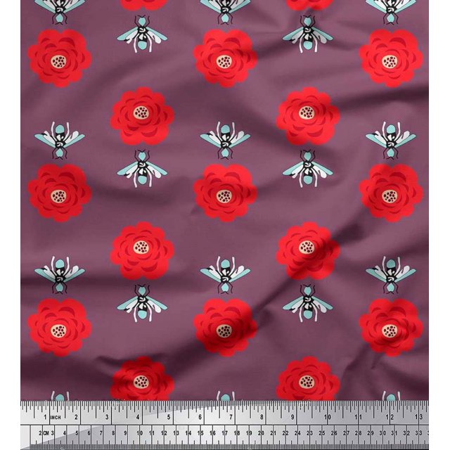 Soimoi Poly Crepe Fabric Floral & Bee Insects Print Fabric by The Yard 52 Inch Wide