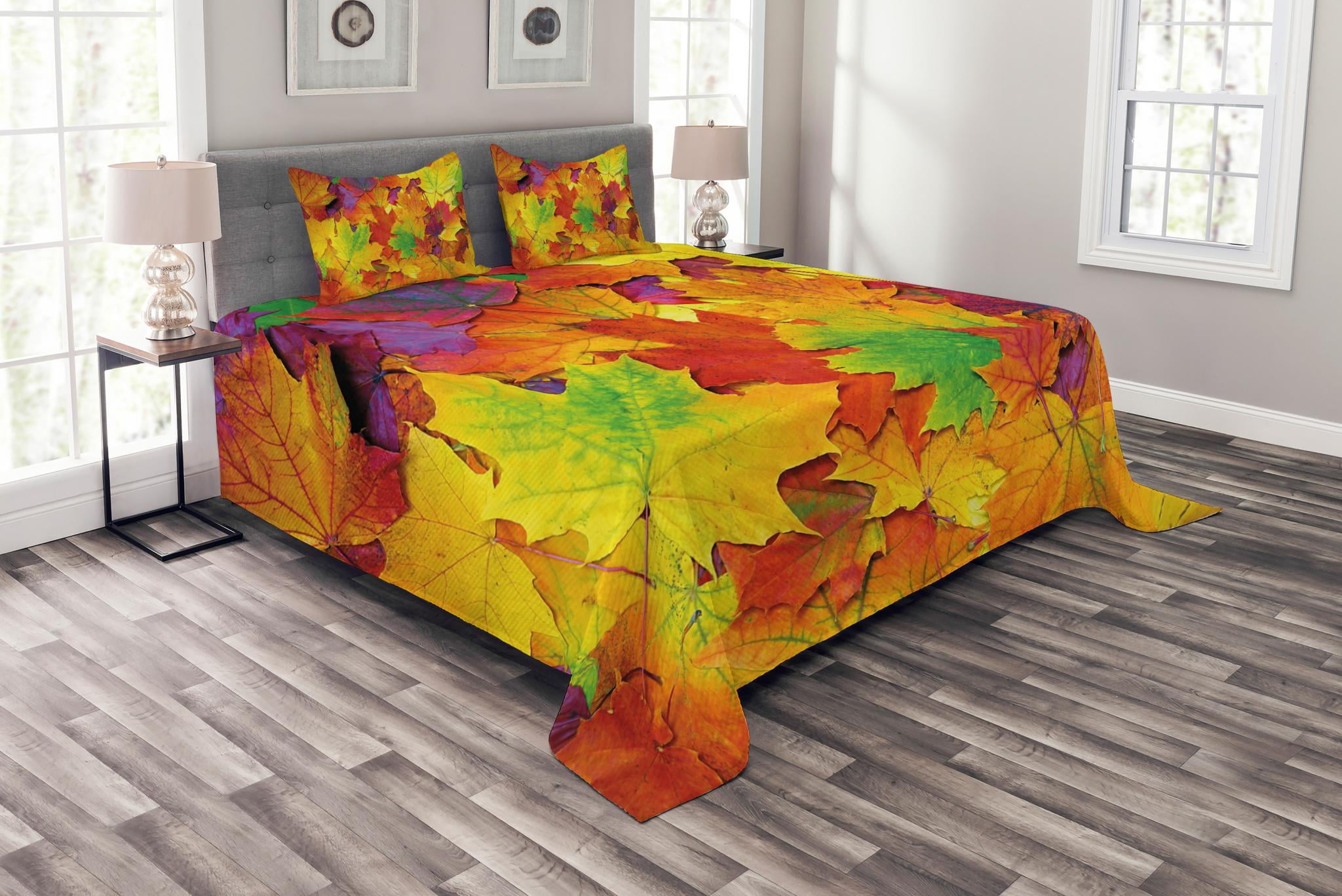 Fall Bedspread Set, Different Colored Vibrant Many Autumn Maple Leaves