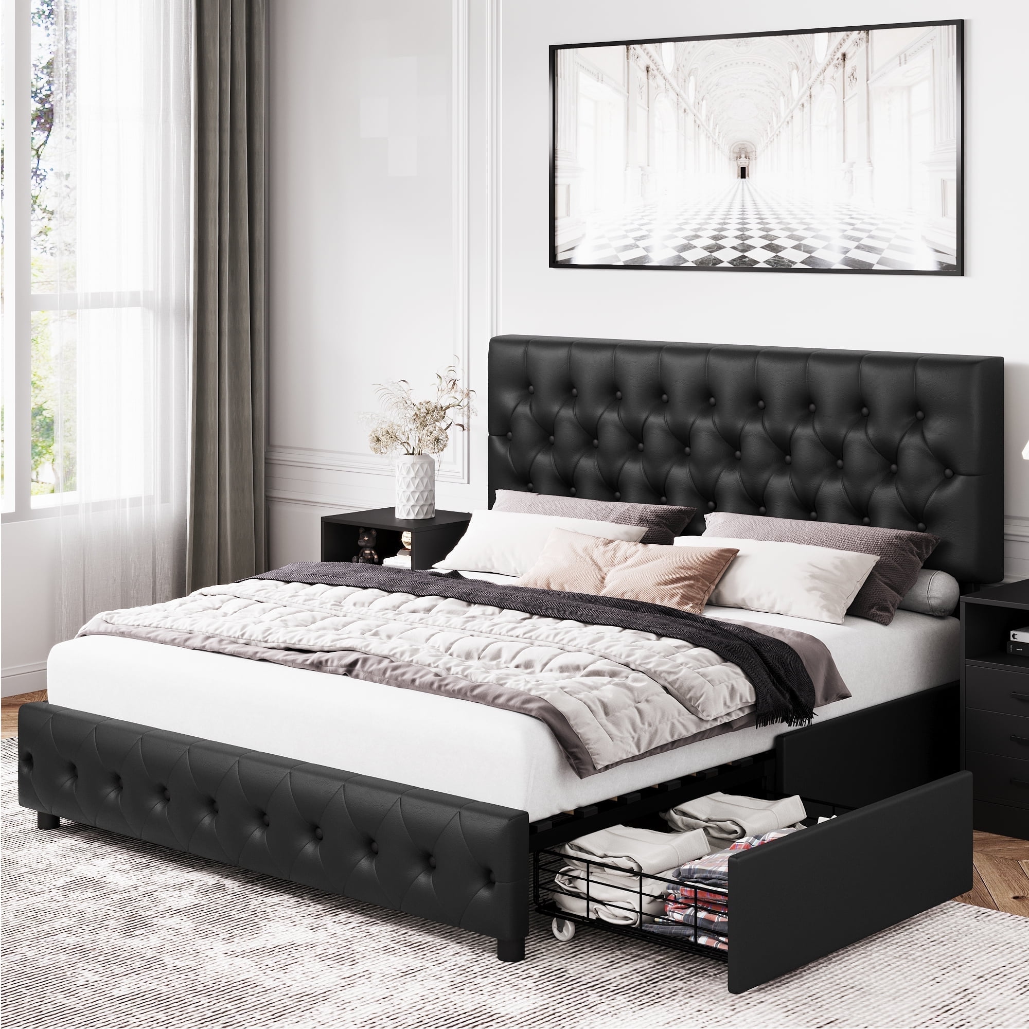 odam02さま Homfa Queen Size 4 Storage Drawers Bed Frame, Square Tufted