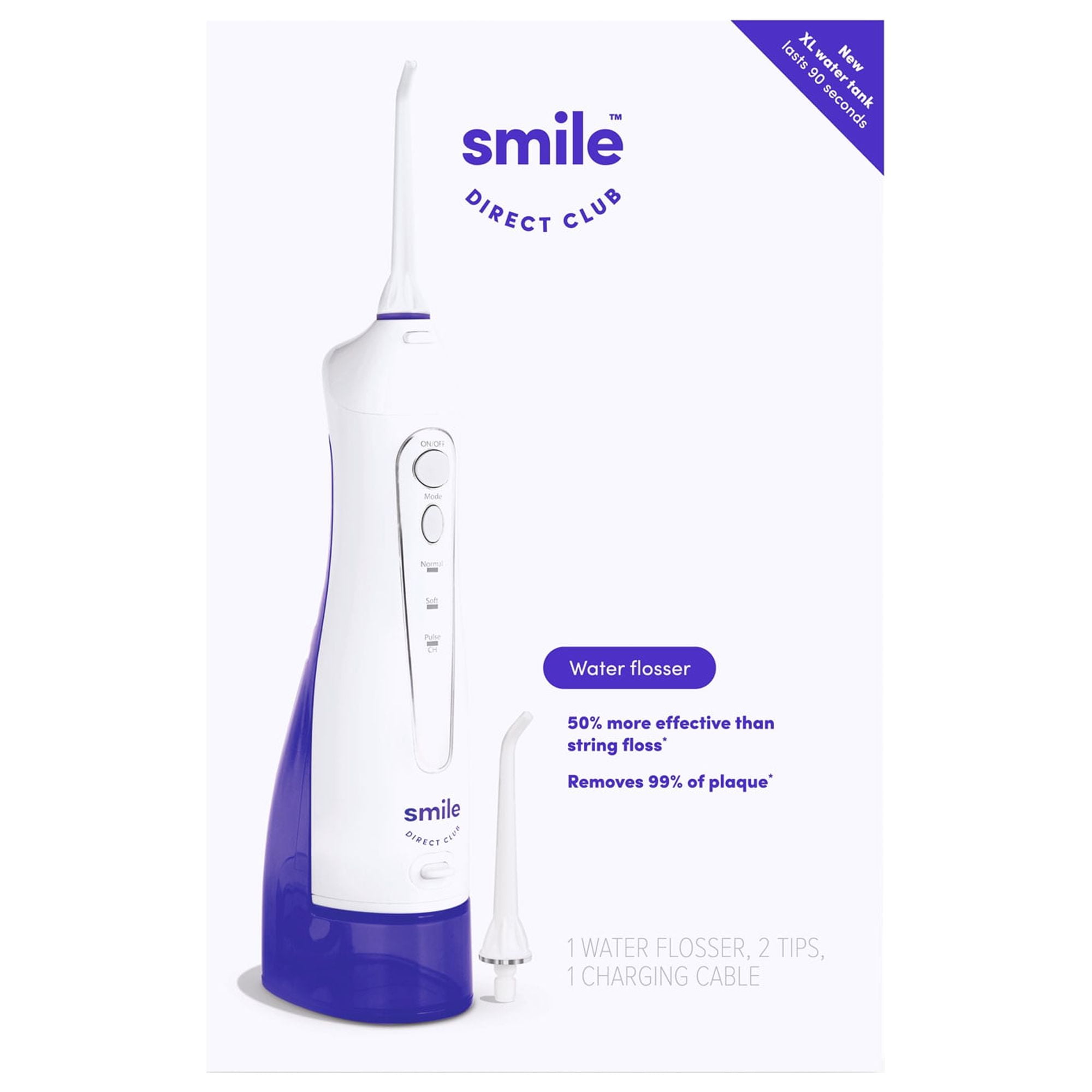 SmileDirectClub Premium Edition XL Tank Water Flosser, 3 Pressure Modes, Battery Powered, White