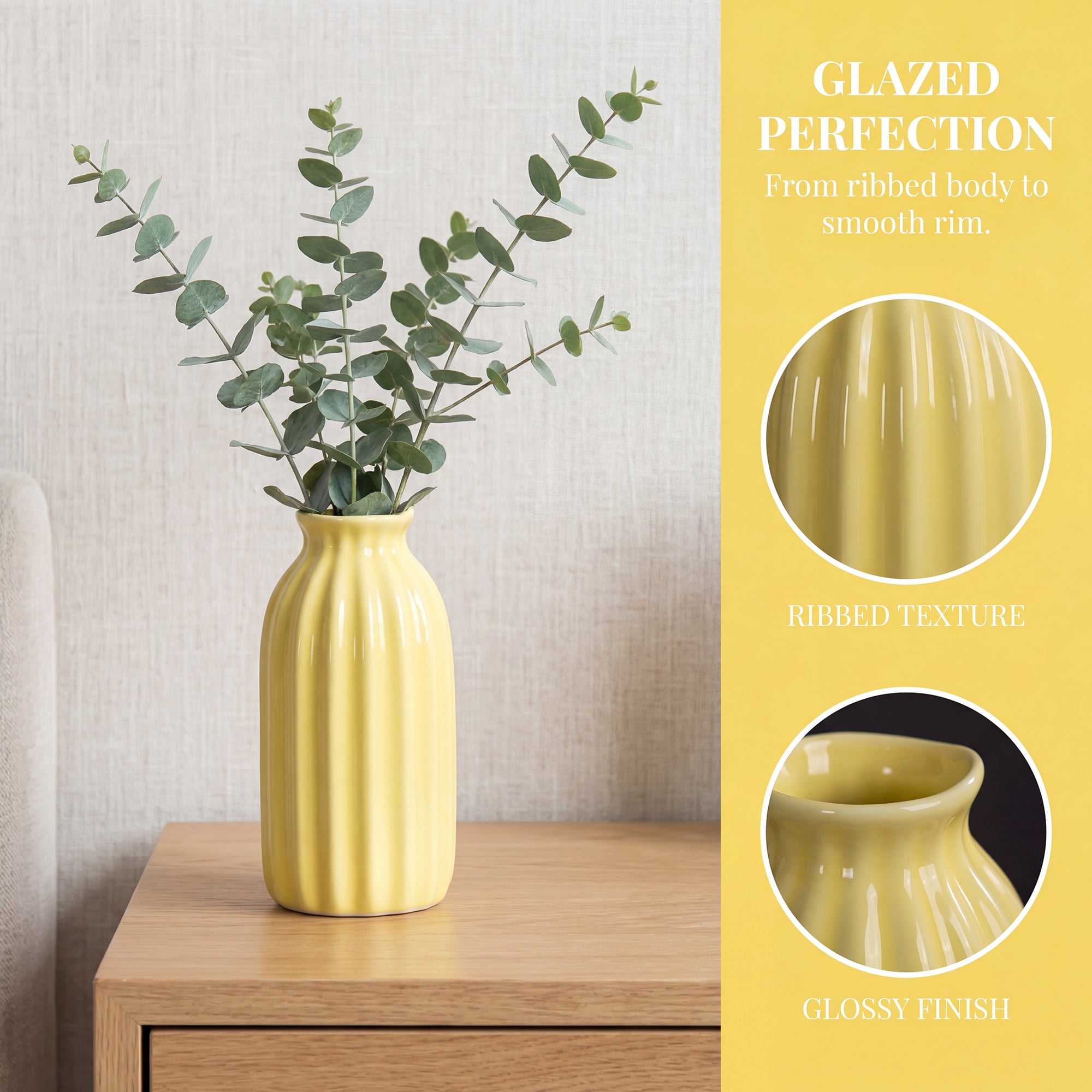 Unique Bargains Small Ceramic Vase Matte Ribbed Decorative Flower Vase for Bathroom Yellow