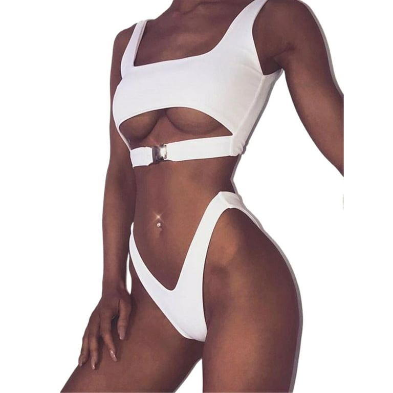Inevnen Women Bikini Set Front Buckle Cutout Underboob Bra+High Waist  Cheeky Thong Beach Swimsuit