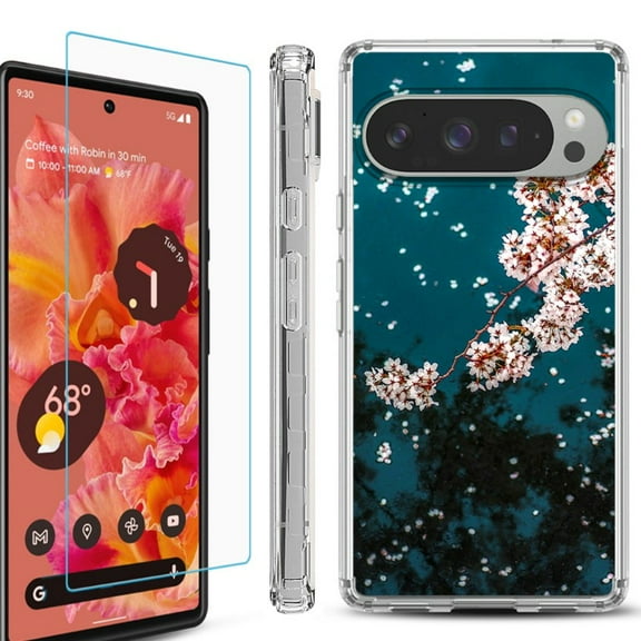 For Google Pixel 9 / 9 Pro Phone Case Cover, Shockproof Bumper Case with Tempered Glass Screen Protector, by OneToughShield - Night Blossom