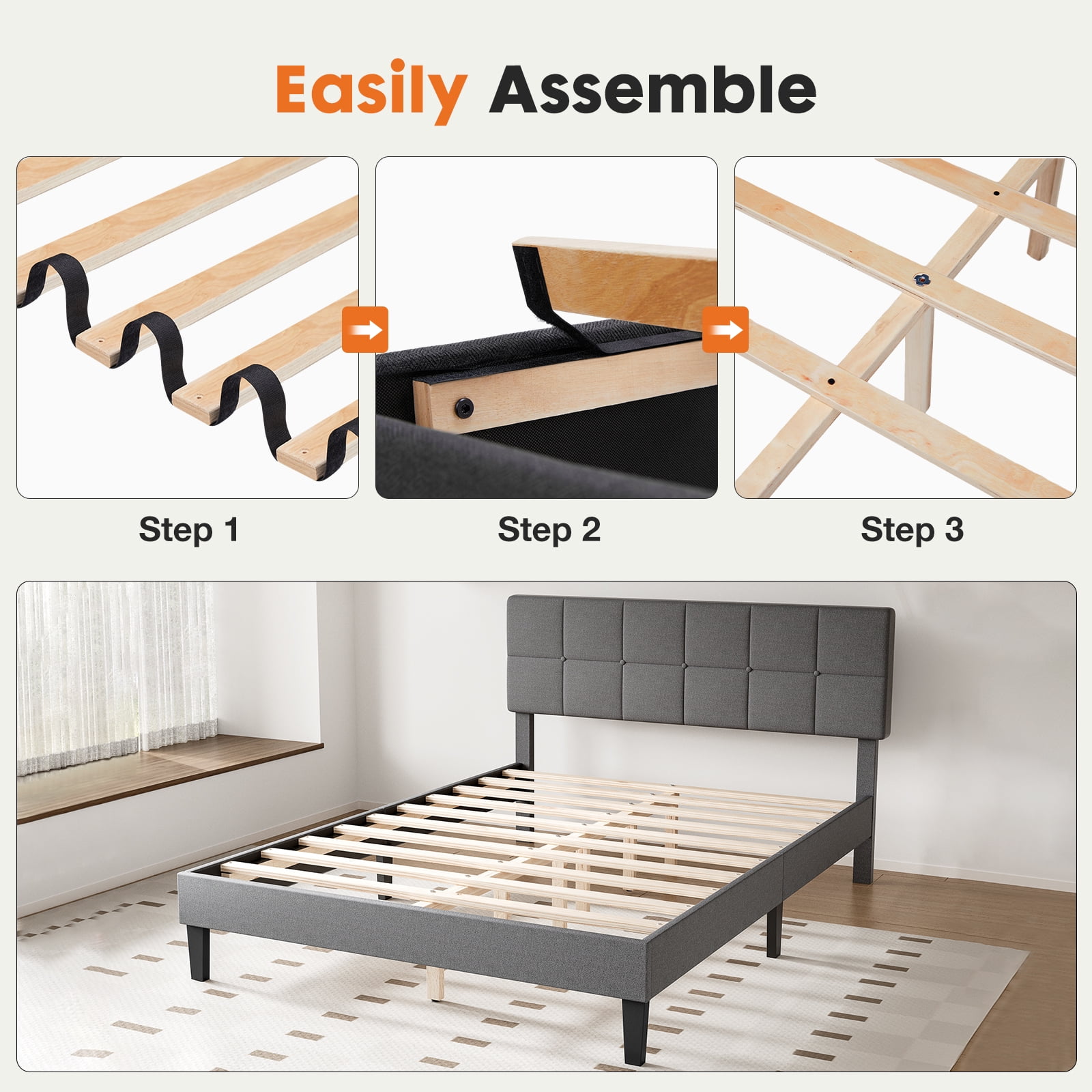 GIANNA Queen Size Bed Frame, Wooden Queen Platform Bed with upholstered headboard, 63.98"W x 82.87"D x 44.88"H, Grey