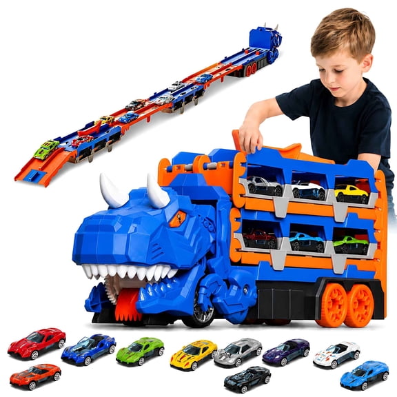 Tigozz Dinosaur Transport Truck Toy with 12 Alloy Cars, 57-Inch Dual Race Track, Swallowing Car Carrier, Foldable Playset for Kids Ages 3