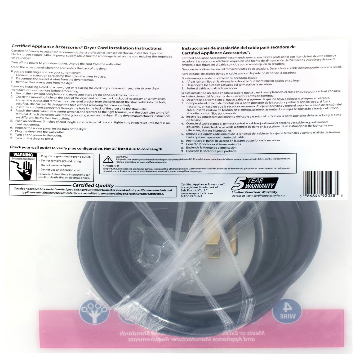 Certified Appliance Accessories 90-2028 4-Wire Closed-Eyelet 30-Amp Dryer Cord, 10ft