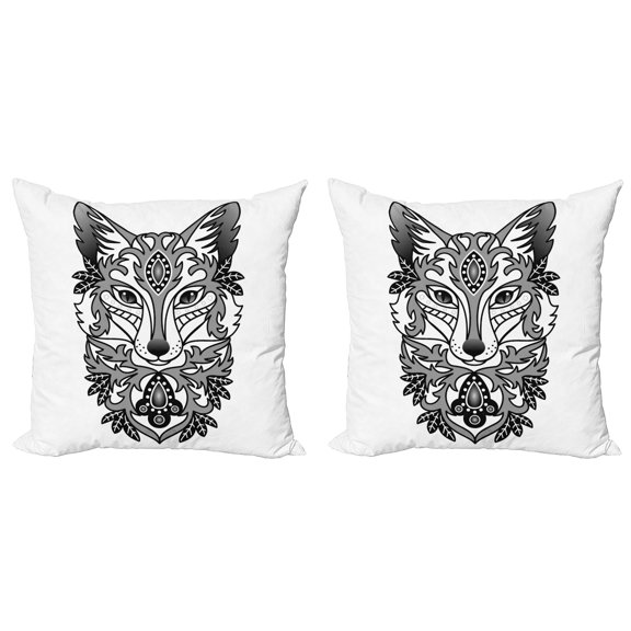 Ambesonne Fox Throw Pillow Cover 2 Pack, Ornamental Fox Face Curves, 16", Grey Black White