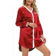 thumbnail image 3 of Xmarks Women's Satin Nightshirt Button Down Sleepshirt Long Sleeve Nightgown V Neck Sleep Shirt Boyfriend Sleepwear Soft Cozy Silky Pajama Top Curved Hem Nightdress Wine Red L/US 10, 3 of 8