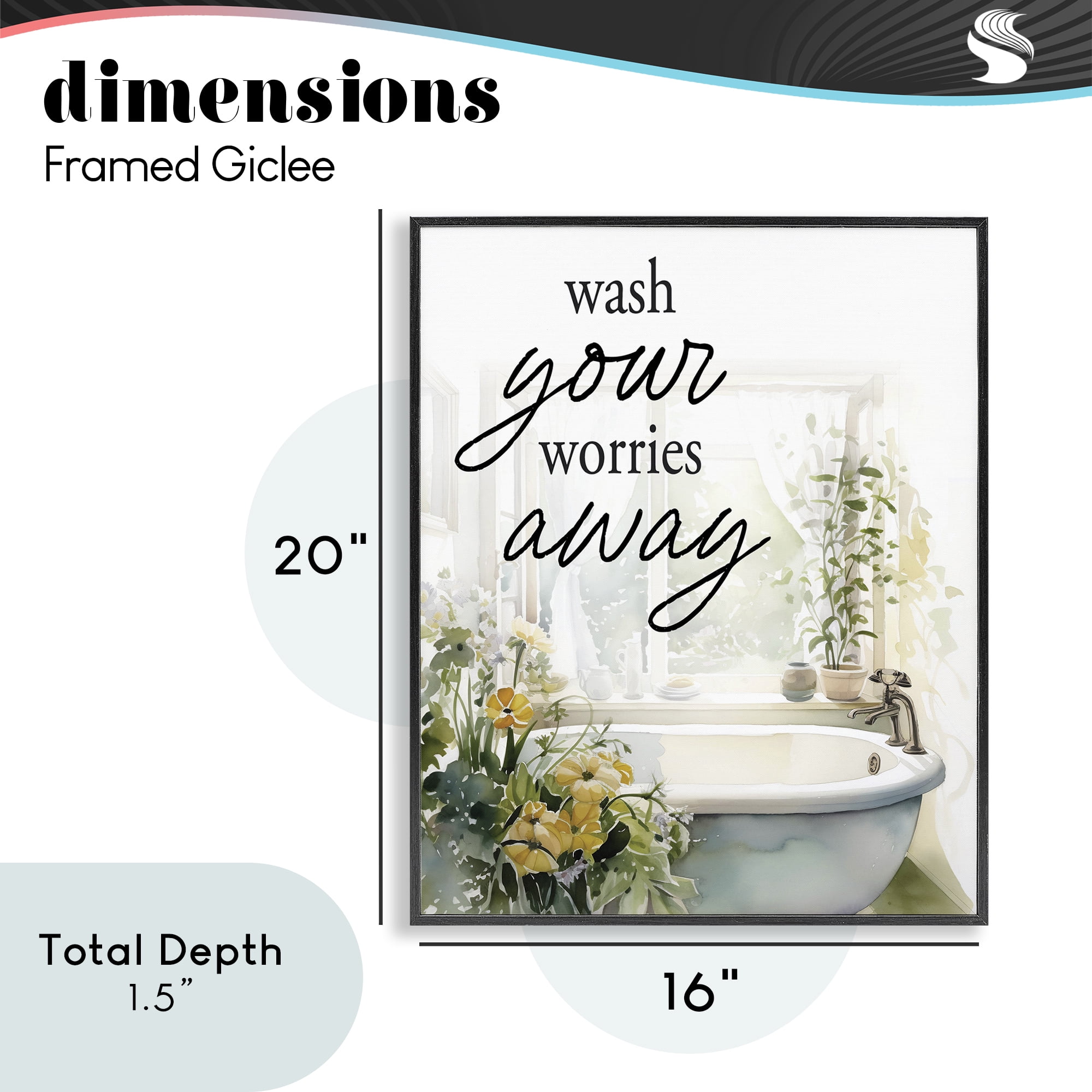 Wash Worries Away Sunlit Bath Black Framed Giclee Art, design by Lettered and Lined