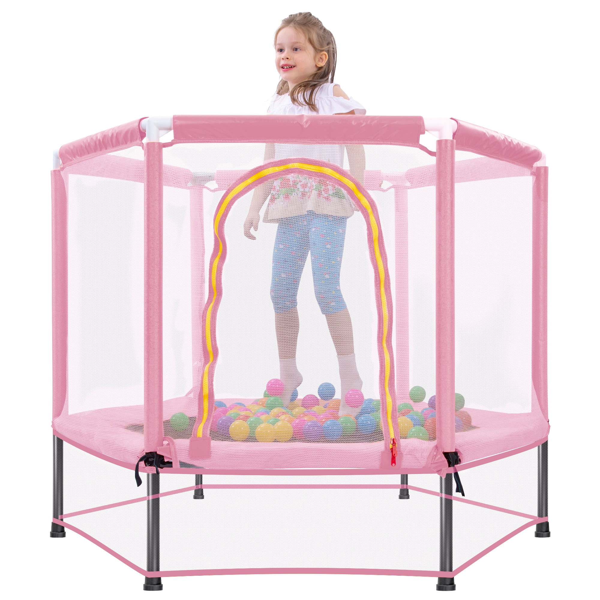 55" Toddler Trampoline with Safety Enclosure Net & Ocean Balls, Indoor Outdoor Mini Trampoline for Kids