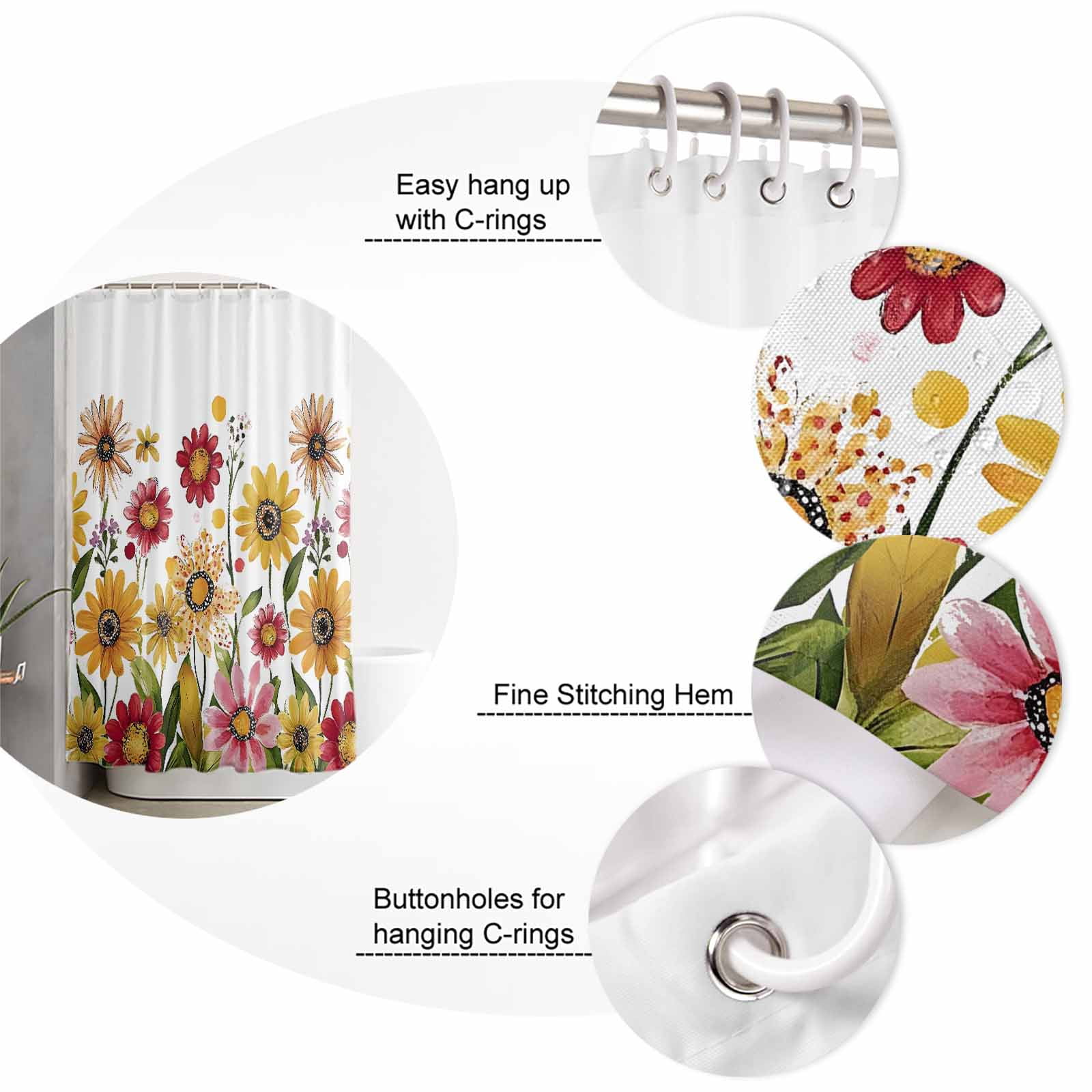 Shower Curtain Bathroom Set Watercolor Sunflower Leaves Plant Waterproof Fabric Shower Curtains with Grommets&Hooks Blossom Floral on White Privacy Bath Curtain for Bathtub 36x72in