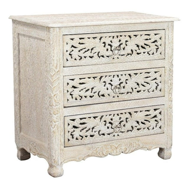 Pemberly Row Floral Carved Solid Wood 3-Drawers Nightstand in White