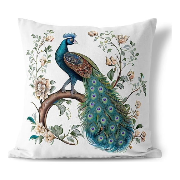 Peacock Panache Indoor/Outdoor Pillow in White 16 x 16 with removable cover