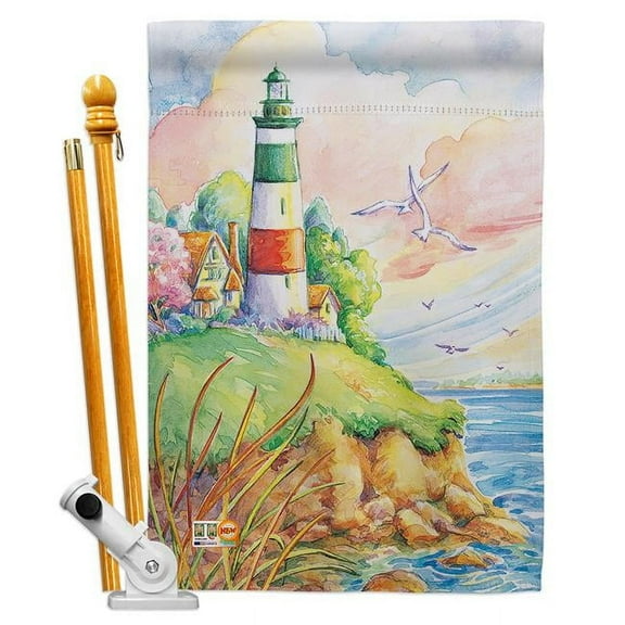 Breeze Decor BD-BN-HS-106064-IP-BO-D-US12-AM 28 x 40 in. Cliff Lighthouse Coastal Beach Impressions Decorative Vertical Double Sided House Flag Set & Pole Bracket Hardware