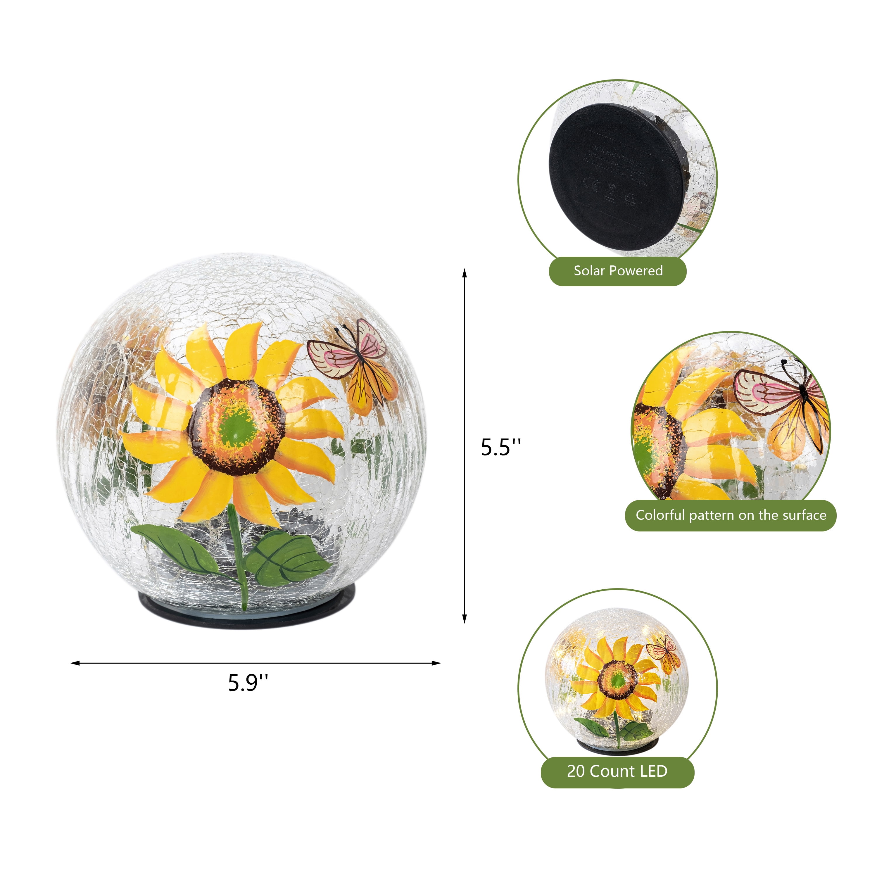 Mainstays 6 inch Solar Sunflower Crackle Glass Ball Decor, 6" Length x 6" Width x 6" Height