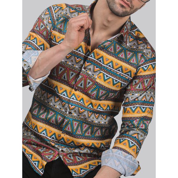 Mid-century Men's Printed Full Sleeve Casual Linen Shirt