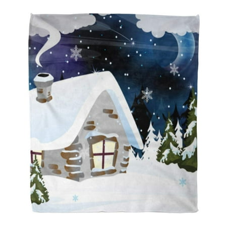 SIDONKU Flannel Throw Blanket Small Snowbound Cabin in The Winter Forest Night Rural Soft for Bed Sofa and Couch 50x60