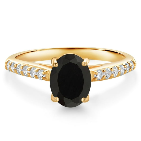 Gem Stone King 10K Yellow Gold Black Onyx and White Lab Grown Diamond Engagement Ring for Women (1.78 Cttw, Oval 8X6MM, Gemstone December Birthstone, Size 6)