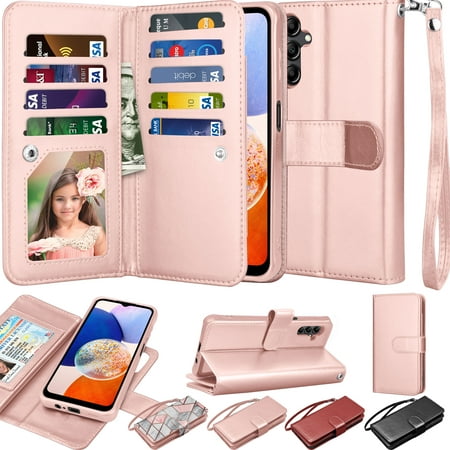 NJJEX Wallet Case for Samsung Galaxy A03S A12 A13 A14 A23 A32 A51 A52 A53 A54 5G Case,[9 Card Slots] PU Leather Credit Holder Folio Flip [Detachable] Kickstand Lanyard Magnetic Phone Cover [Rose Pink]