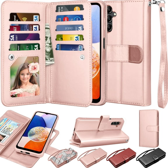 Galaxy A14 5G Case,Samsung A14 5G 6.6 " PU Leather Case, Njjex PU Leather Magnet Stand Wallet Credit Card Holder Flip Case 9 Card Slots Case For Samsung Galaxy A14 5G 2023 - Rose Gold