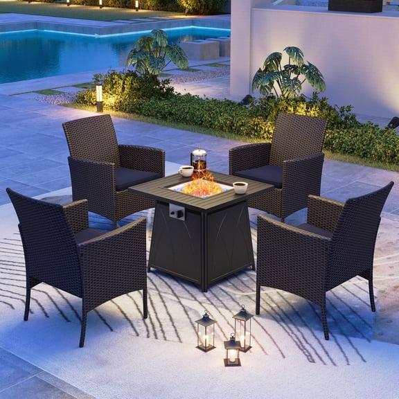 MF Studio 5-Piece Wicker Outdoor Conversation Set with Patio Chairs & 28-Inch Fire Pit Table, Dark Brown/Navy Blue