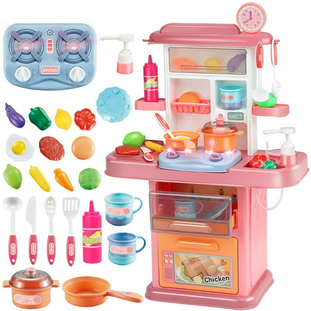 Juego de cocina Juego de imaginación con luz y sonido Cocina Cocina Estufa Sartén Cuchara Verdura Fruta Accesorios con sistema de agua Niños Cocina Juego de regalo educativo para niños Abanopi Juego de cocina