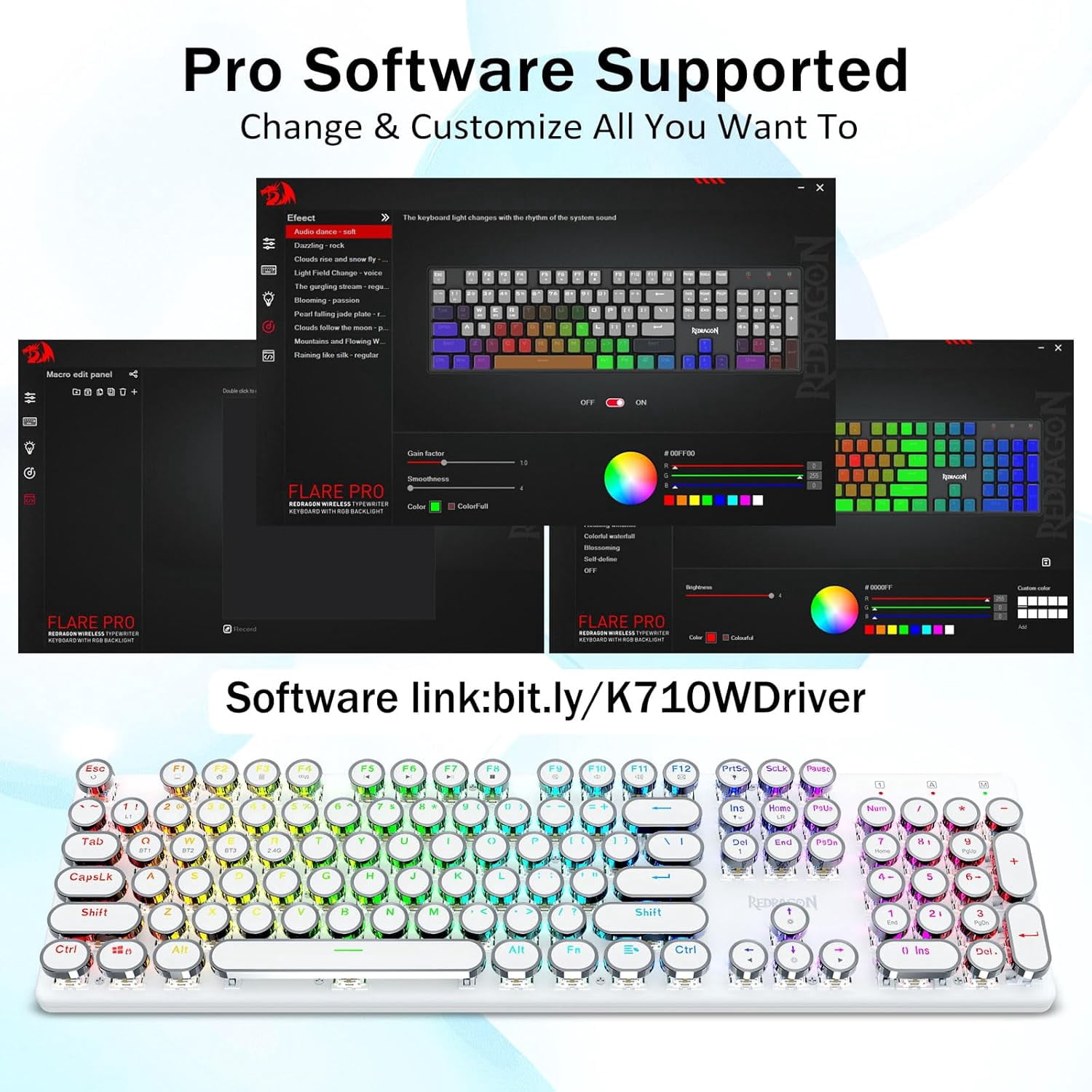 Wireless Typewriter Mechanical Gaming Keyboard, Bluetooth/2.4Ghz/Wired, RGB LED Backlit, Blue Switch - Clicky, Rechargeable, Solid Metal Panel, Round Keycaps