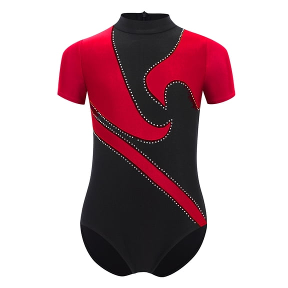 Haitryli Kids Girls Boys Short Sleeve Color Block Leotard for Gymnastics Stage Performance Competition Burgundy 10