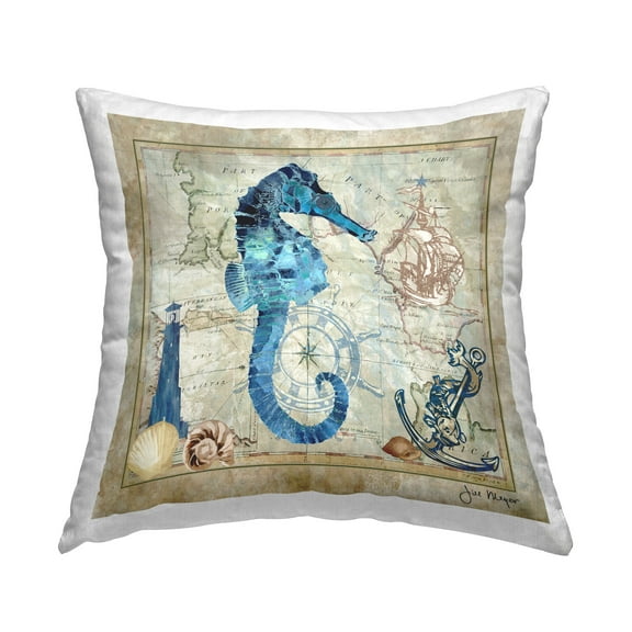 Stupell Industries Seahorse & Maritime Map Decorative Printed Throw Pillow Design by Jill Meyer