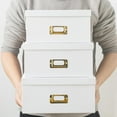thumbnail image 3 of White Kraft Paper Boxes for Storage - Set of 3 Square Stacking Boxes with Lids and Gold Label Holders, Decorative Photo Storage, Nesting Cardboard Containers for Decor and Organizing, 3 of 6