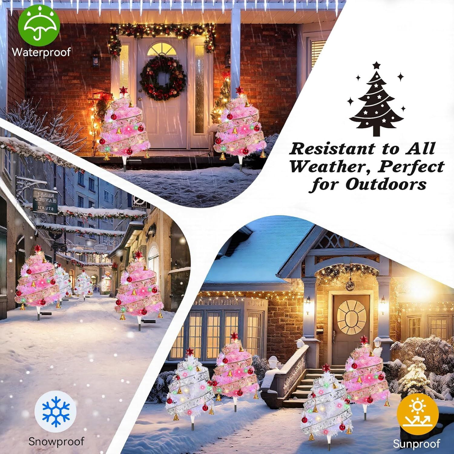 Set of 4 Prelit Pathway Christmas Trees, 33.86" Outdoor Xmas Tree with Twining Ribbons, Red Balls and Bells, Solar and Type-C Powered Xmas Decor for Yard Home Porch
