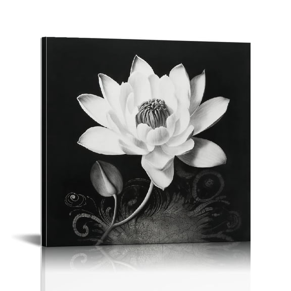 JRXY Flower Canvas Prints Art Magnolia Lily Flower Painting Black and White Floral Bloom Wall Decoration for Bedroom - Framed Ready to Hang 12x12 in