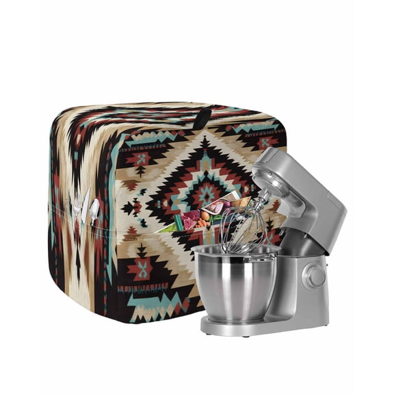 Boho Brown Teal Red Stand Mixer Dust Cover with Storage Pocket & Handles,Southwestern Geometric Art Vintage Fits All Tilt Head & Bowl Lift Kitchen Appliance Cover Organizer Accessories,4.5-5 Quart